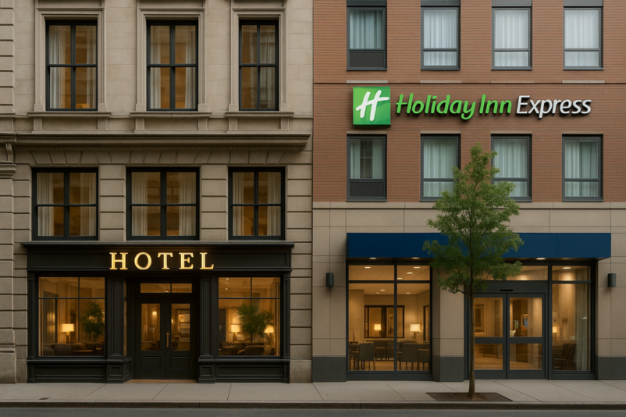 A boutique hotel next to a chain hotel