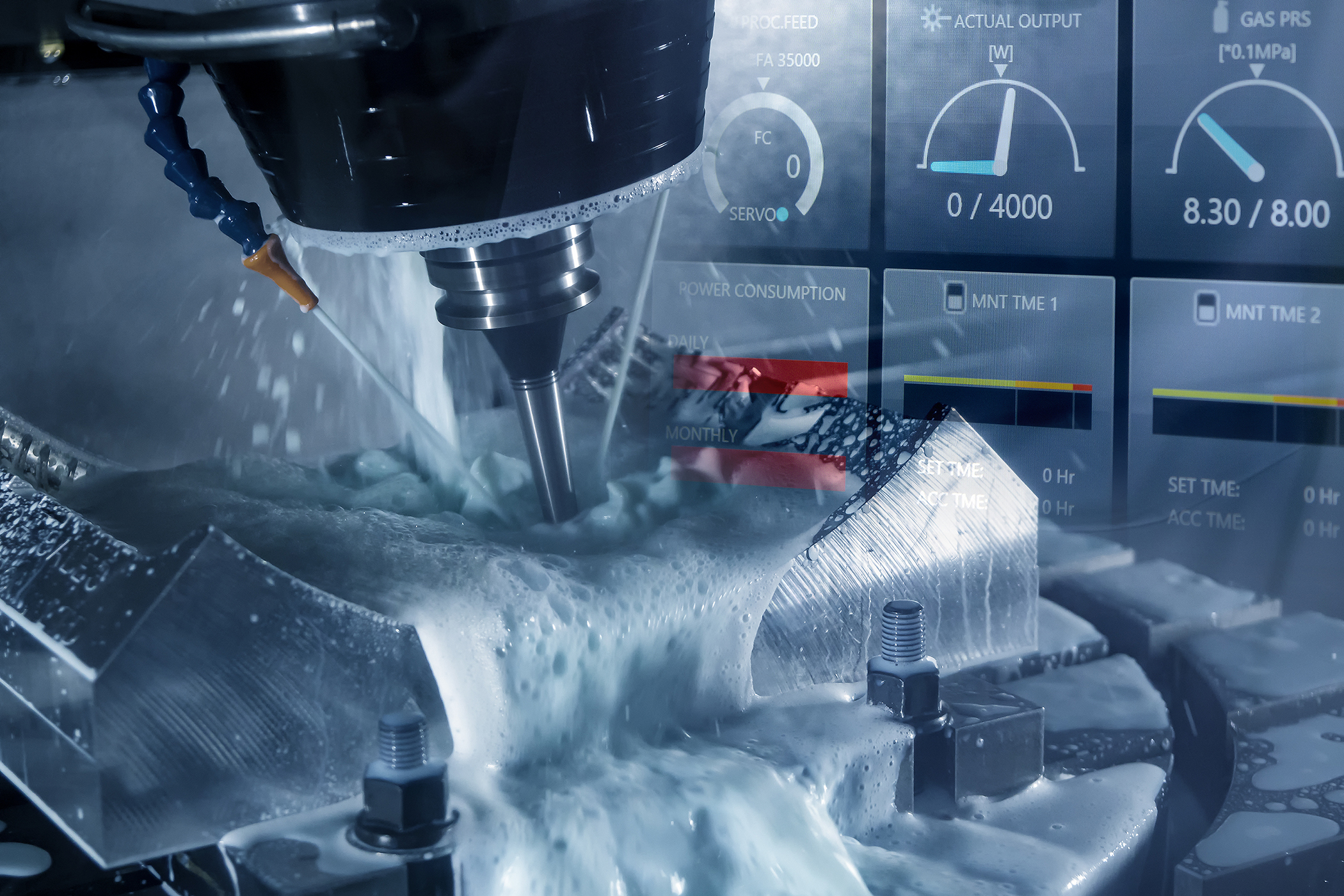 The abstracts scene of 5-axis CNC milling machine and monitor gauge  cutting the tire mold parts  by solid ball endmill tools