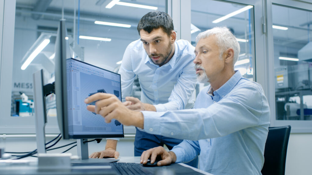 male professionals at computer, discussing engineering consulting project